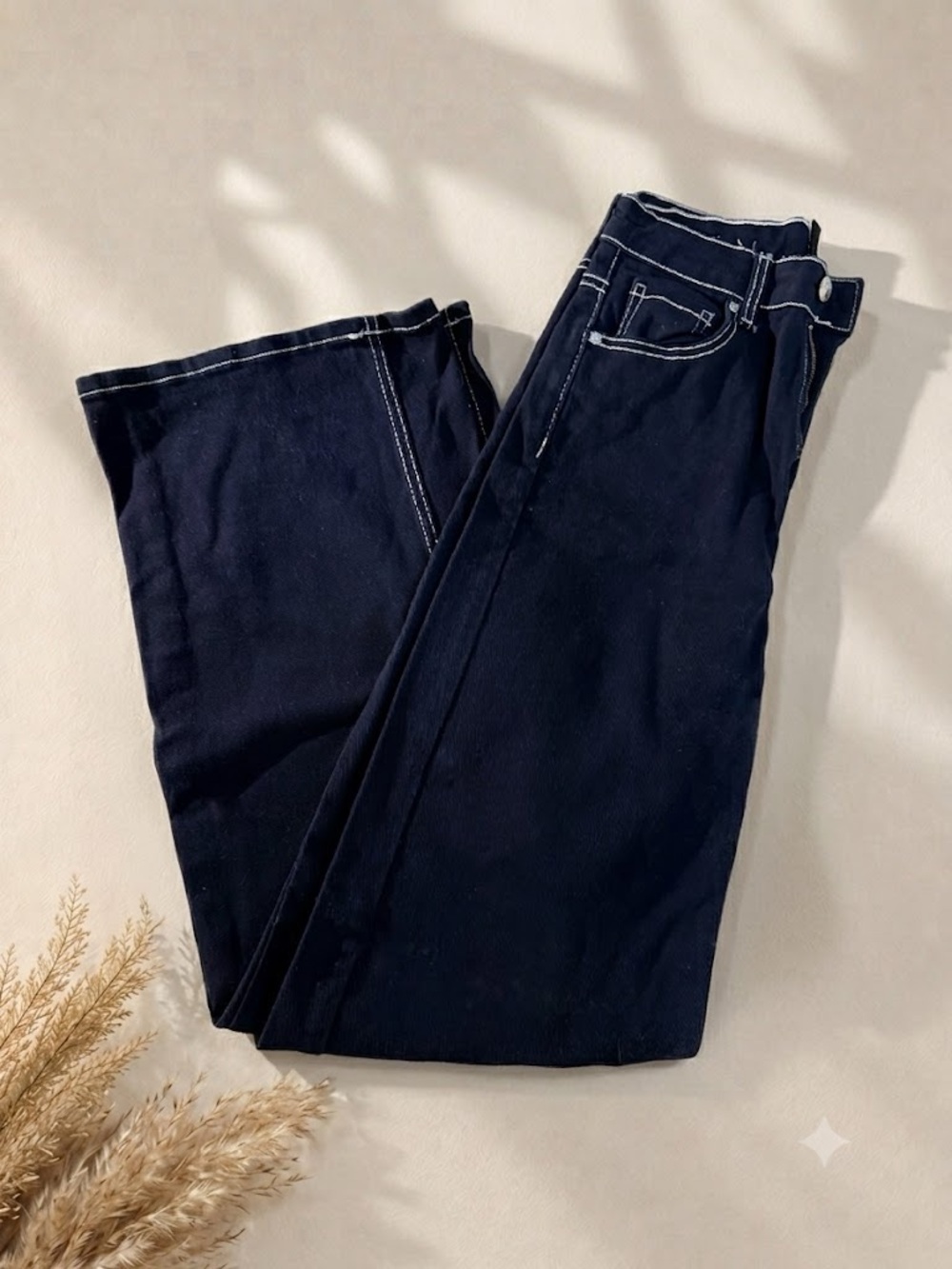 H&M - Wide Leg Navy Jeans with White Contrast Stitching